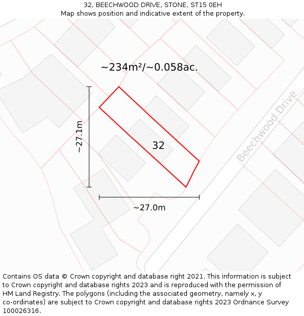 32, BEECHWOOD DRIVE, STONE, ST15 0EH: Plot and title map