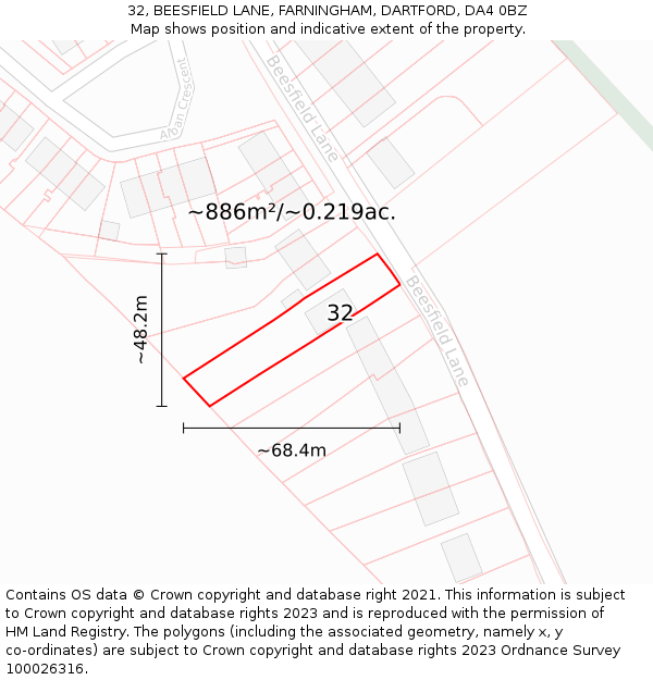 32, BEESFIELD LANE, FARNINGHAM, DARTFORD, DA4 0BZ: Plot and title map