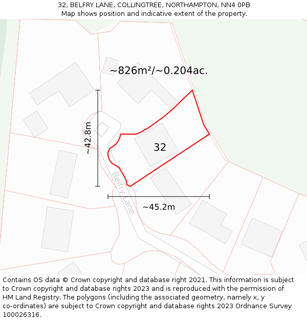 32, BELFRY LANE, COLLINGTREE, NORTHAMPTON, NN4 0PB: Plot and title map