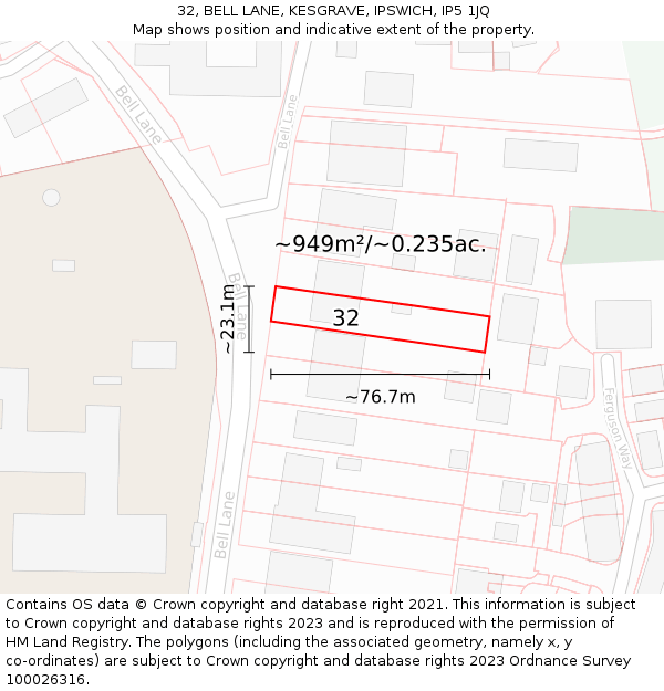 32, BELL LANE, KESGRAVE, IPSWICH, IP5 1JQ: Plot and title map