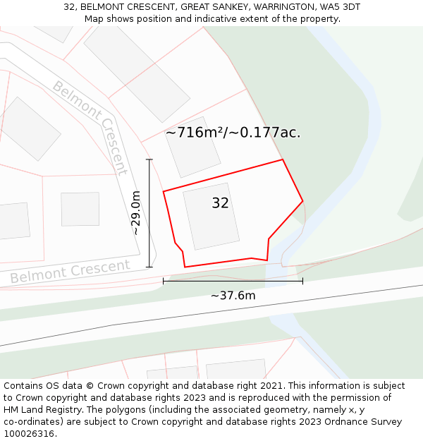 32, BELMONT CRESCENT, GREAT SANKEY, WARRINGTON, WA5 3DT: Plot and title map