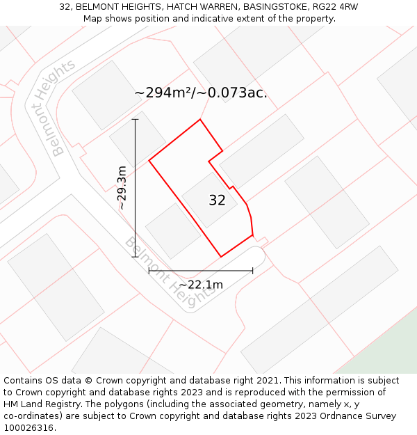 32, BELMONT HEIGHTS, HATCH WARREN, BASINGSTOKE, RG22 4RW: Plot and title map