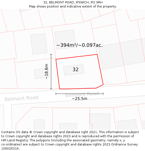 32, BELMONT ROAD, IPSWICH, IP2 9RH: Plot and title map