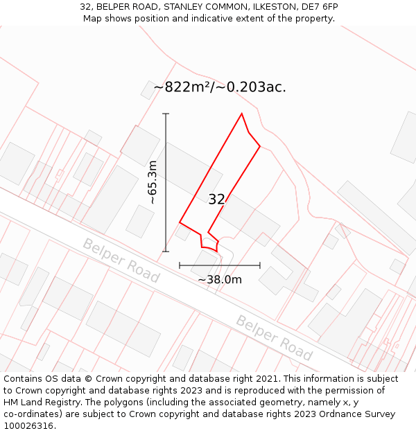 32, BELPER ROAD, STANLEY COMMON, ILKESTON, DE7 6FP: Plot and title map