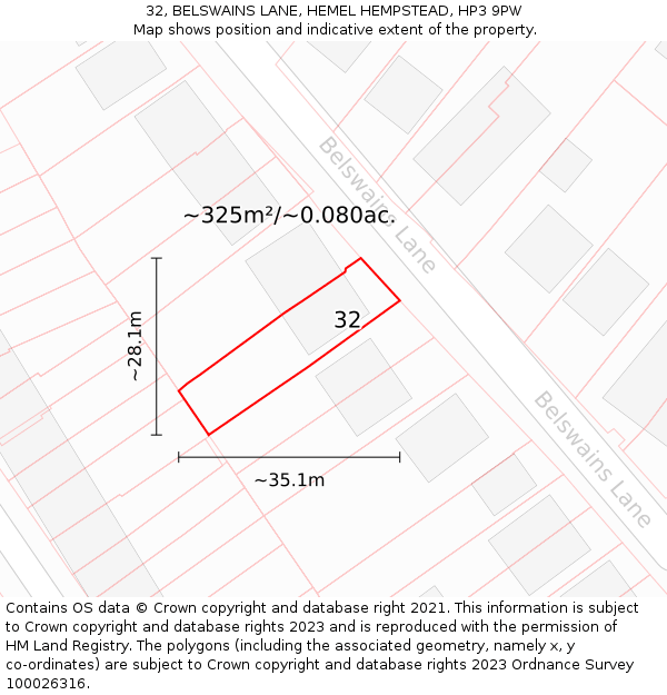 32, BELSWAINS LANE, HEMEL HEMPSTEAD, HP3 9PW: Plot and title map