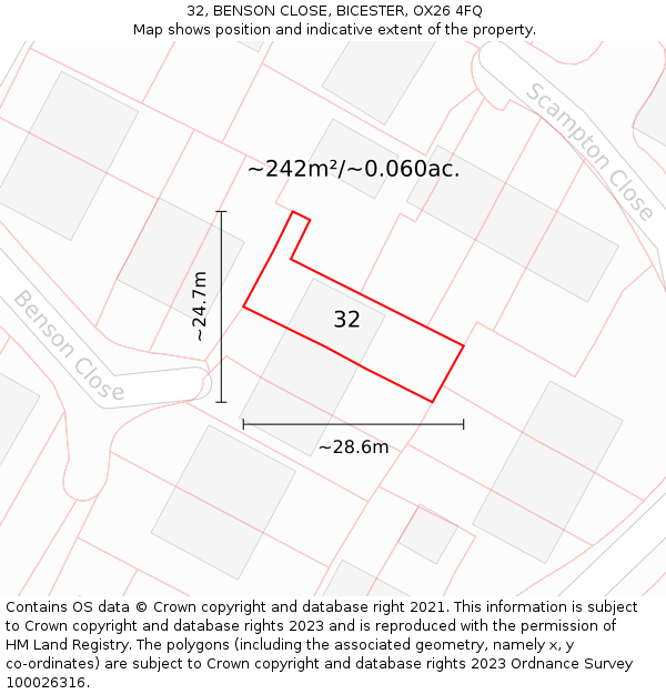 32, BENSON CLOSE, BICESTER, OX26 4FQ: Plot and title map