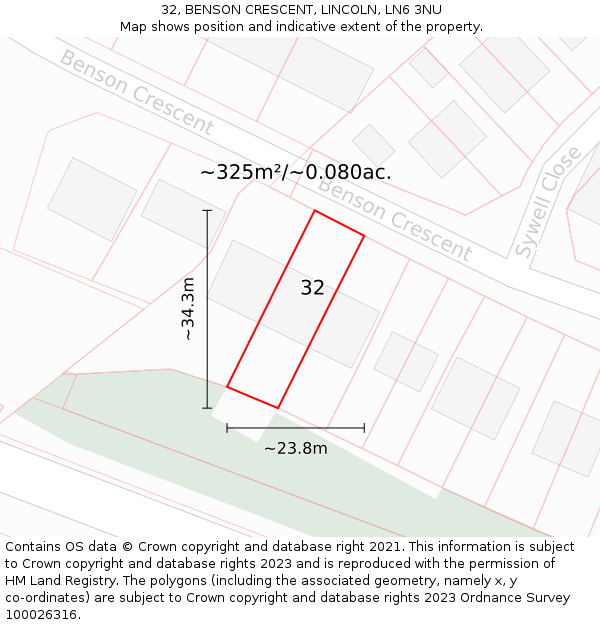 32, BENSON CRESCENT, LINCOLN, LN6 3NU: Plot and title map
