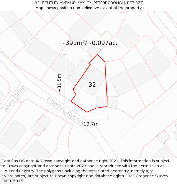 32, BENTLEY AVENUE, YAXLEY, PETERBOROUGH, PE7 3ZT: Plot and title map