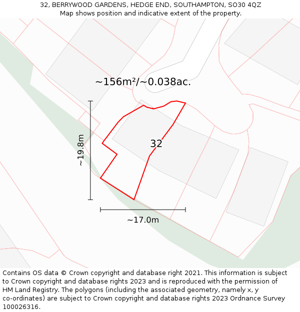 32, BERRYWOOD GARDENS, HEDGE END, SOUTHAMPTON, SO30 4QZ: Plot and title map