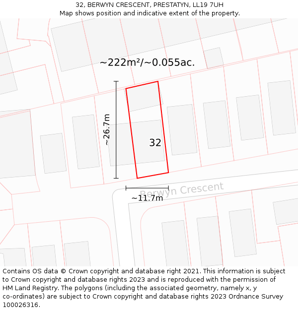 32, BERWYN CRESCENT, PRESTATYN, LL19 7UH: Plot and title map