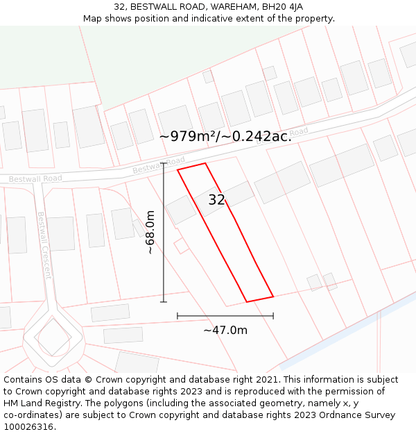 32, BESTWALL ROAD, WAREHAM, BH20 4JA: Plot and title map