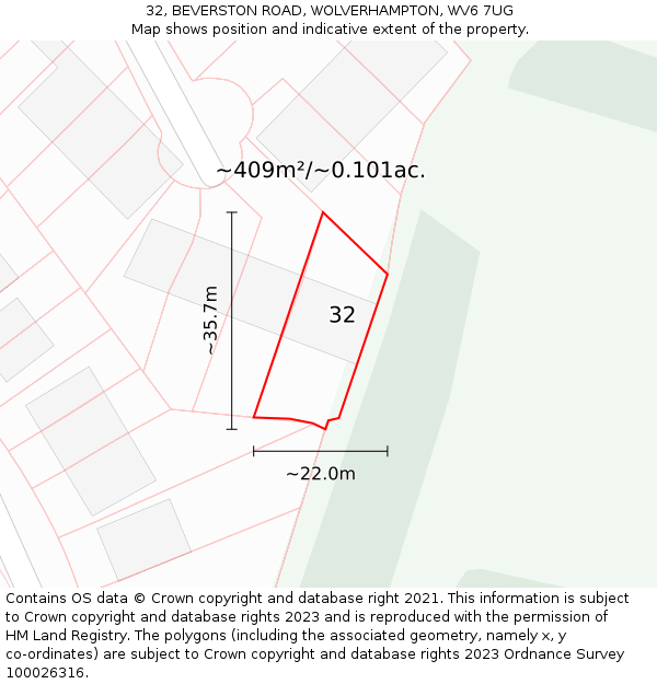32, BEVERSTON ROAD, WOLVERHAMPTON, WV6 7UG: Plot and title map