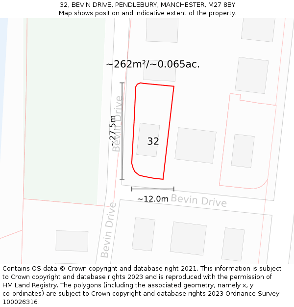 32, BEVIN DRIVE, PENDLEBURY, MANCHESTER, M27 8BY: Plot and title map
