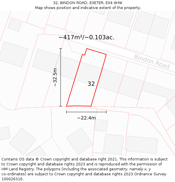 32, BINDON ROAD, EXETER, EX4 9HW: Plot and title map