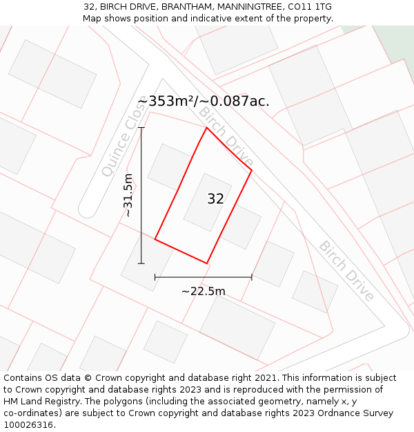 32, BIRCH DRIVE, BRANTHAM, MANNINGTREE, CO11 1TG: Plot and title map