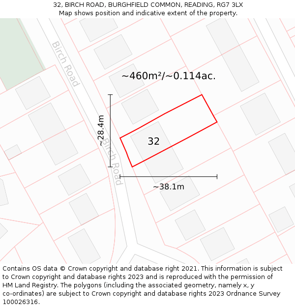 32, BIRCH ROAD, BURGHFIELD COMMON, READING, RG7 3LX: Plot and title map