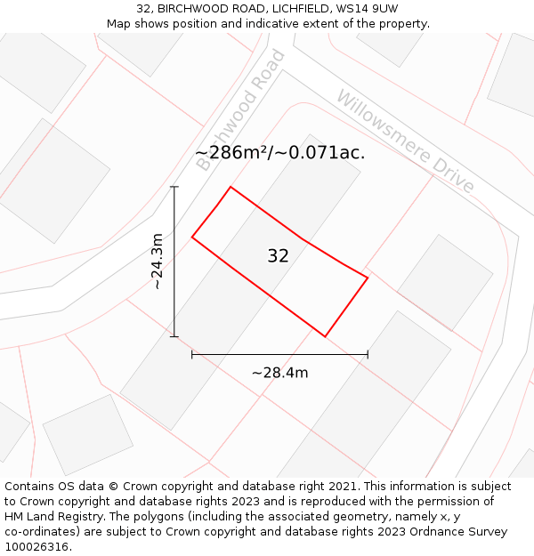 32, BIRCHWOOD ROAD, LICHFIELD, WS14 9UW: Plot and title map