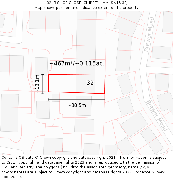 32, BISHOP CLOSE, CHIPPENHAM, SN15 3FJ: Plot and title map