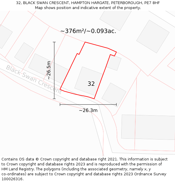 32, BLACK SWAN CRESCENT, HAMPTON HARGATE, PETERBOROUGH, PE7 8HF: Plot and title map