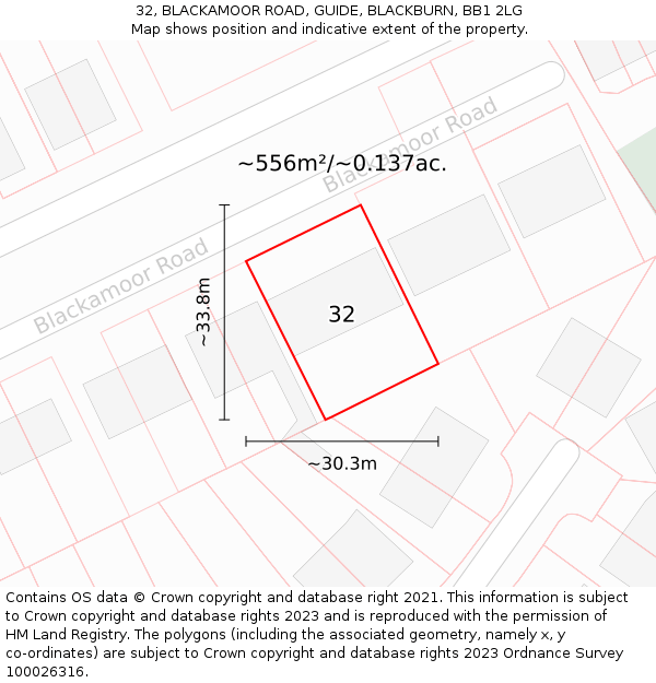 32, BLACKAMOOR ROAD, GUIDE, BLACKBURN, BB1 2LG: Plot and title map