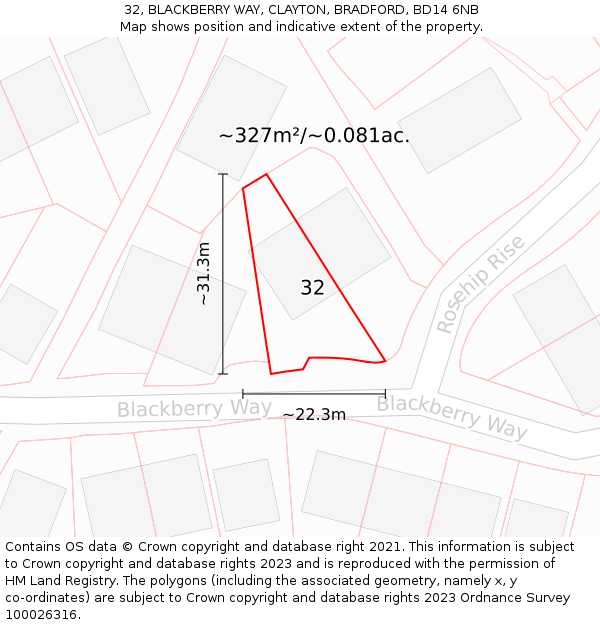 32, BLACKBERRY WAY, CLAYTON, BRADFORD, BD14 6NB: Plot and title map