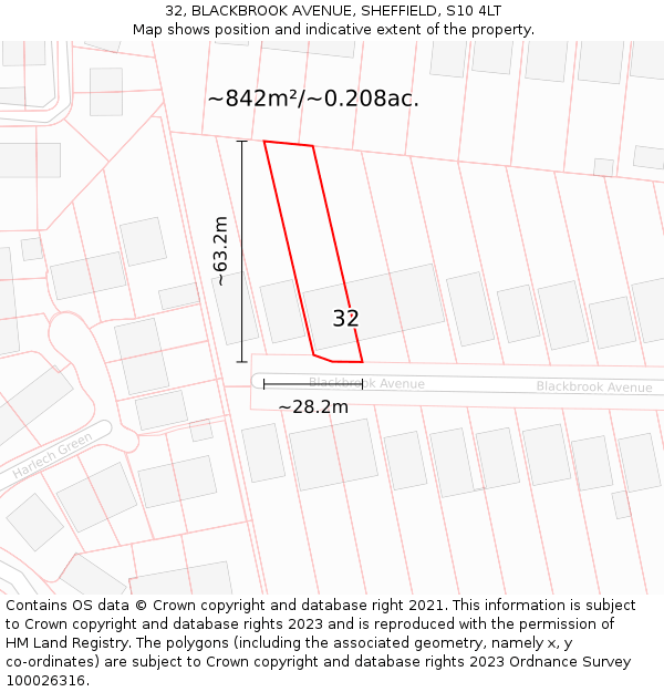 32, BLACKBROOK AVENUE, SHEFFIELD, S10 4LT: Plot and title map