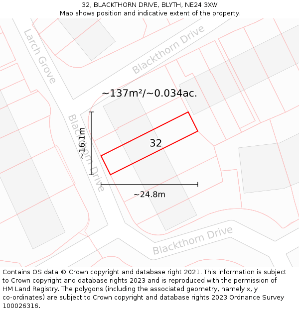 32, BLACKTHORN DRIVE, BLYTH, NE24 3XW: Plot and title map