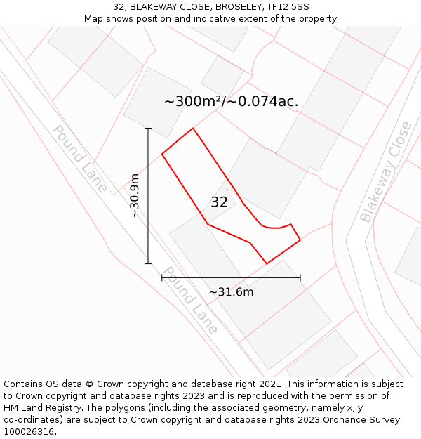 32, BLAKEWAY CLOSE, BROSELEY, TF12 5SS: Plot and title map