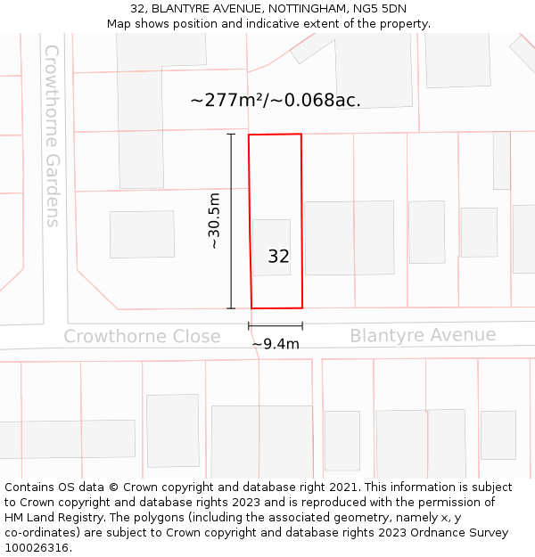 32, BLANTYRE AVENUE, NOTTINGHAM, NG5 5DN: Plot and title map
