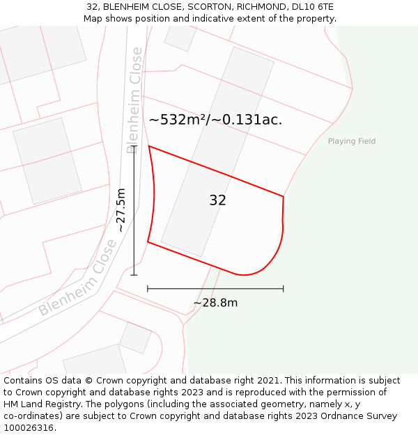 32, BLENHEIM CLOSE, SCORTON, RICHMOND, DL10 6TE: Plot and title map