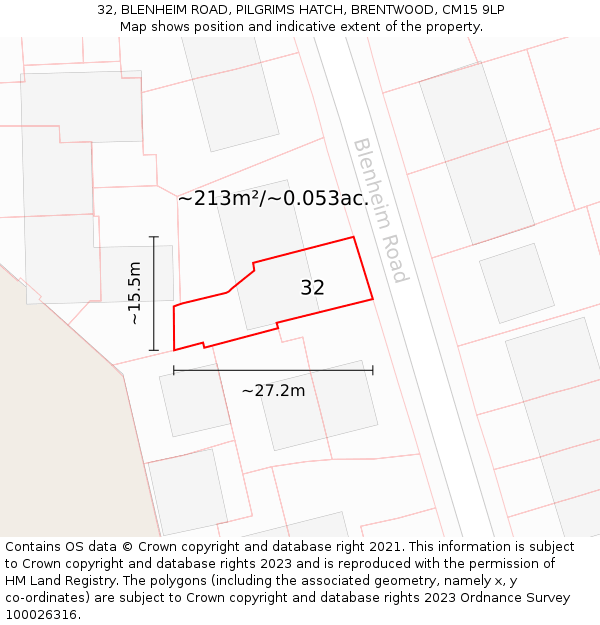 32, BLENHEIM ROAD, PILGRIMS HATCH, BRENTWOOD, CM15 9LP: Plot and title map