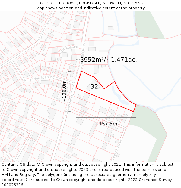 32, BLOFIELD ROAD, BRUNDALL, NORWICH, NR13 5NU: Plot and title map