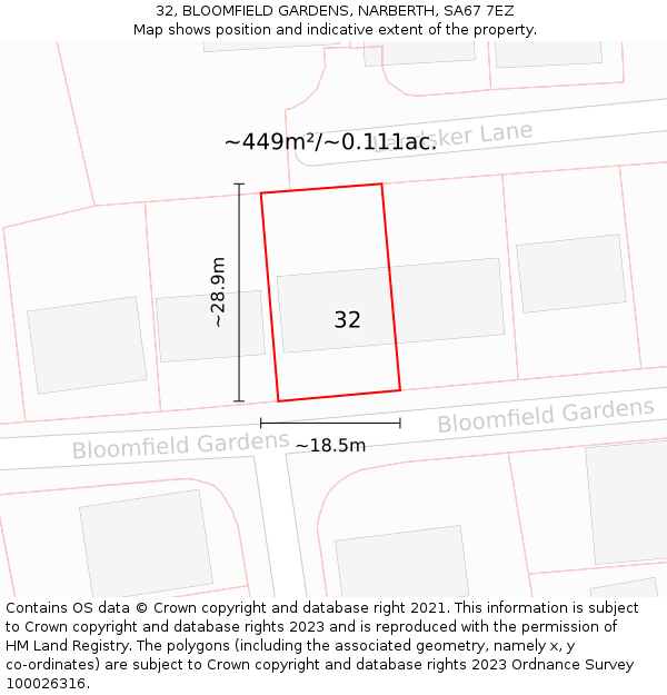 32, BLOOMFIELD GARDENS, NARBERTH, SA67 7EZ: Plot and title map