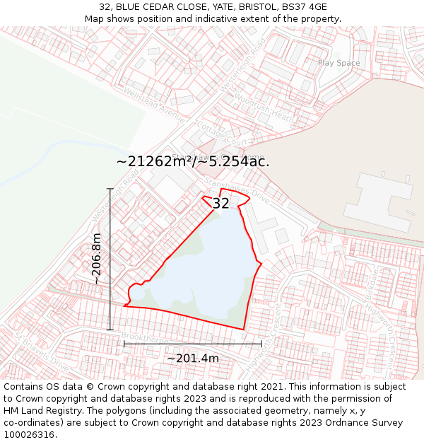 32, BLUE CEDAR CLOSE, YATE, BRISTOL, BS37 4GE: Plot and title map