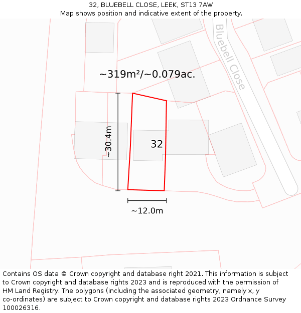 32, BLUEBELL CLOSE, LEEK, ST13 7AW: Plot and title map