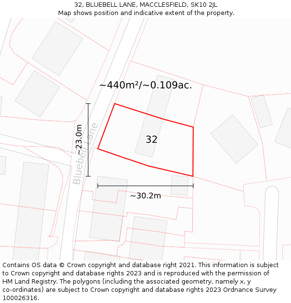 32, BLUEBELL LANE, MACCLESFIELD, SK10 2JL: Plot and title map