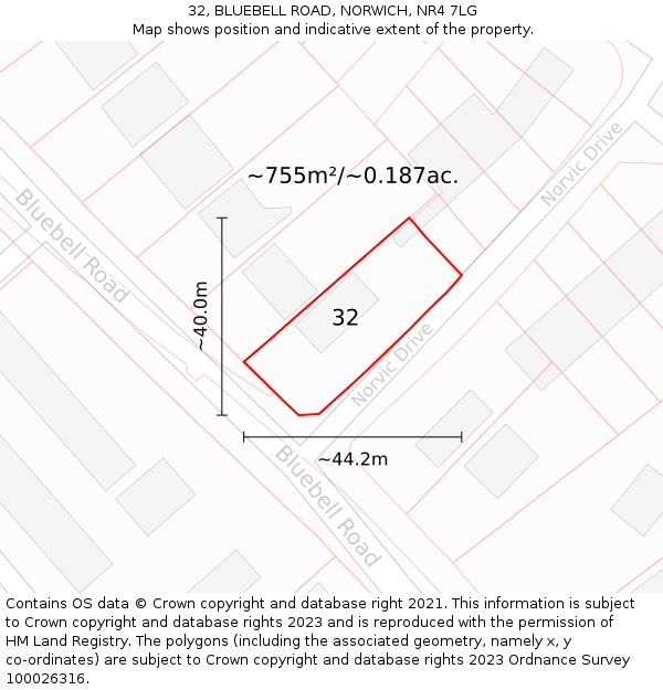 32, BLUEBELL ROAD, NORWICH, NR4 7LG: Plot and title map