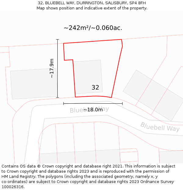 32, BLUEBELL WAY, DURRINGTON, SALISBURY, SP4 8FH: Plot and title map