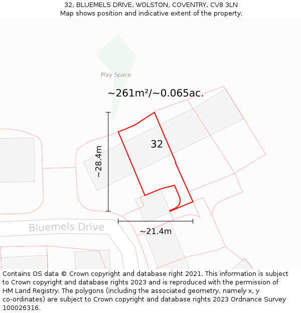 32, BLUEMELS DRIVE, WOLSTON, COVENTRY, CV8 3LN: Plot and title map