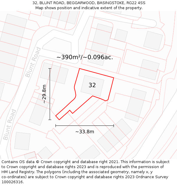 32, BLUNT ROAD, BEGGARWOOD, BASINGSTOKE, RG22 4SS: Plot and title map