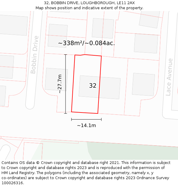 32, BOBBIN DRIVE, LOUGHBOROUGH, LE11 2AX: Plot and title map