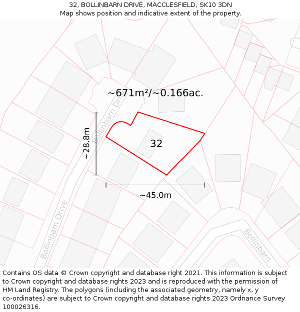 32, BOLLINBARN DRIVE, MACCLESFIELD, SK10 3DN: Plot and title map