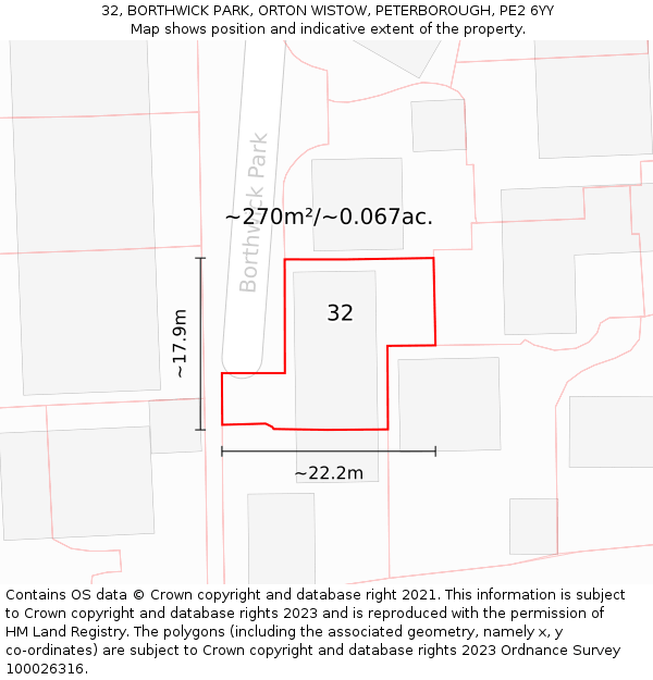 32, BORTHWICK PARK, ORTON WISTOW, PETERBOROUGH, PE2 6YY: Plot and title map