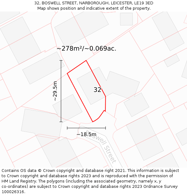 32, BOSWELL STREET, NARBOROUGH, LEICESTER, LE19 3ED: Plot and title map