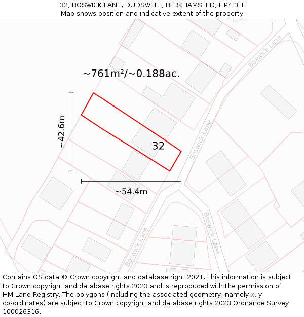 32, BOSWICK LANE, DUDSWELL, BERKHAMSTED, HP4 3TE: Plot and title map