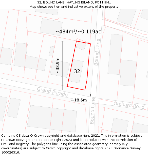 32, BOUND LANE, HAYLING ISLAND, PO11 9HU: Plot and title map