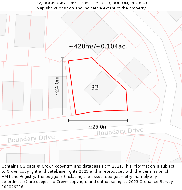 32, BOUNDARY DRIVE, BRADLEY FOLD, BOLTON, BL2 6RU: Plot and title map