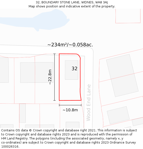 32, BOUNDARY STONE LANE, WIDNES, WA8 3AJ: Plot and title map