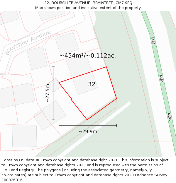 32, BOURCHIER AVENUE, BRAINTREE, CM7 9FQ: Plot and title map