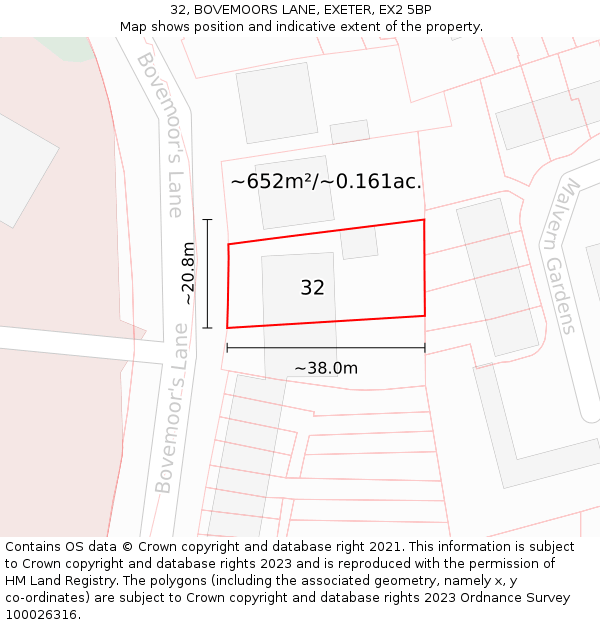 32, BOVEMOORS LANE, EXETER, EX2 5BP: Plot and title map